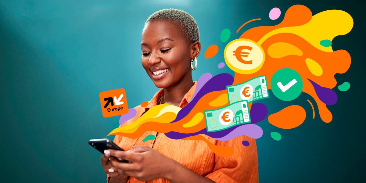 OrangeMoney Europe: a woman smiling at her phone as euros flow out to send home