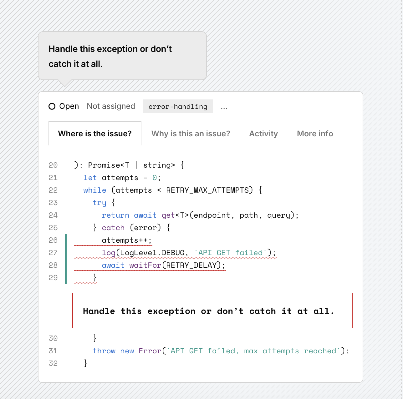 SonarQube issue view: an exception-handling issue highlighted in code with its explanation