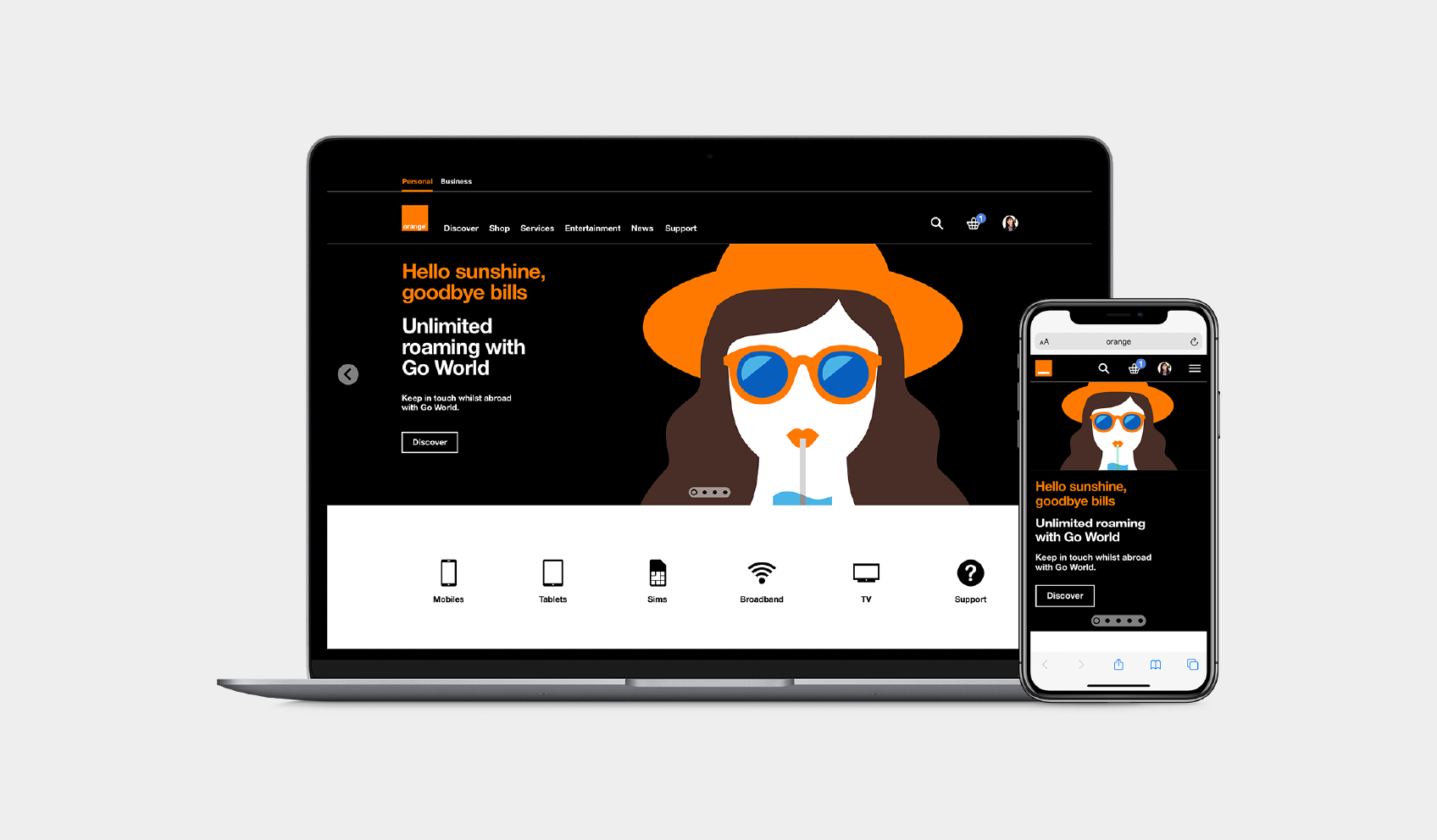 Orange website on a laptop and a phone: the Go World roaming campaign with product shortcuts for mobiles, tablets, SIMs, broadband, TV and support